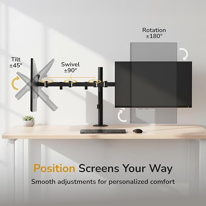 Mount-It Dual Monitor Arm, Desk Mount for 2 Screens 13-32 in, Steel | Holds up to 19.8 lbs Each, Full Motion Tilt Swivel Rotate, VESA 75x75 100x100, Cable Management, C-Clamp or Grommet, Black - Image 4