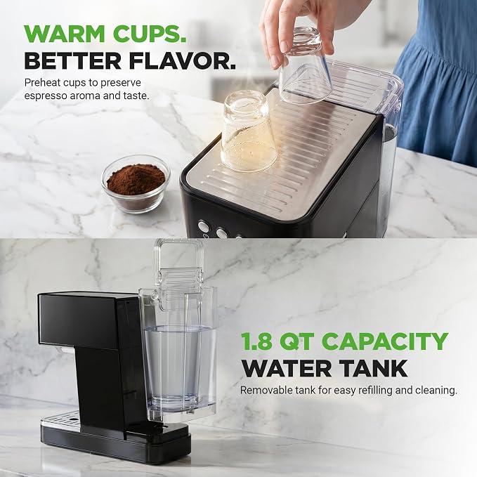 NutriChef 20-Bar Espresso Maker With Milk Frother | Removable 1.8 Quart Water Tank | Coffee Maker for Brewing Espresso, Cappuccino, Latte, Americano & Cold Brew Coffees | Black - Image 7