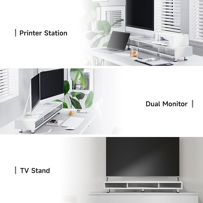 Fenge Dual Monitor Stand, 42.5inch Long Monitor Stands Riser for 2 Monitors, Glass Sliding Door with Storage Organizer Stand for Desk, 2 Tier Desk Shelf for Laptop, Pc, Printer, Computer, TV - Image 5