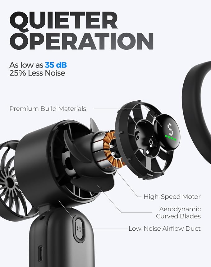Diveblues Mini Handheld Fan, 30ft/s Portable Turbo Fan [12H Max Cooling], 4000mAh Personal Fan with LED Display, 3-in-1 Hand Held/Neck/Desk Fan for Travel, Cruise, Disney Essentials - Image 3