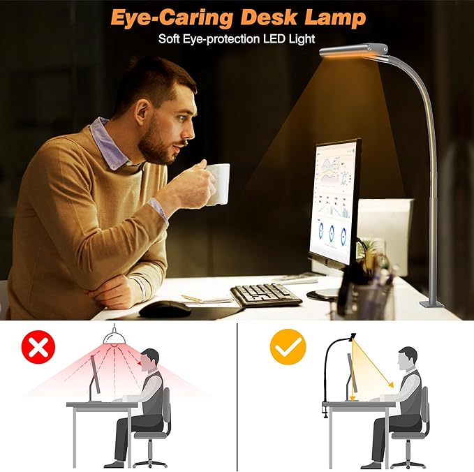 Airlonv LED Desk Lamp for Office Home, Eye-Caring Desk Light with Stepless Dimming Adjustable Flexible Gooseneck, 10W USB Adapter Desk Lamp with Clamp for Reading, Study, Workbench (Grey) - Image 6