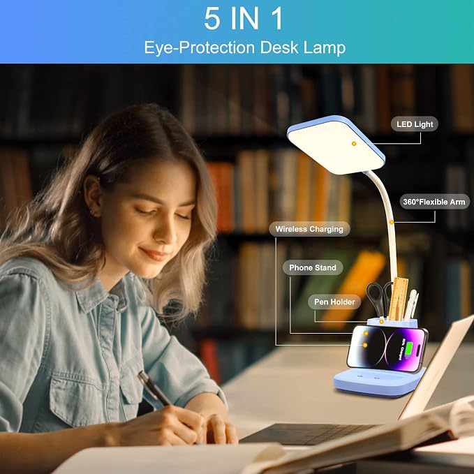 LED Desk Lamp with 10W Wireless Charging & Pen Holder, Blue | CRI 95, 800LM, Stepless Dimming, 3 Modes, 360°Flexible Arm, Touch, Study Table Lamp for Home Office, Dorm Room, with Adapter - Image 3