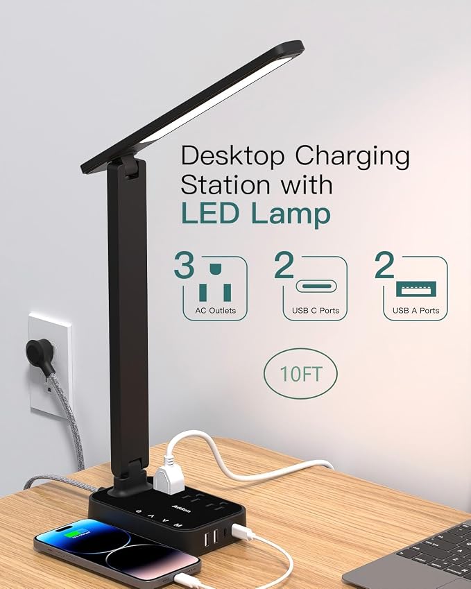 Addtam LED Desk Lamp, Power Strip with 3 Outlets 4 USB Charging Ports(2 USBC), 4 Modes 5 Level Brightness Touch Lamp, Small Desk Lamp for Home Office College Dorm Room Essentials, 10 FT - Image 2