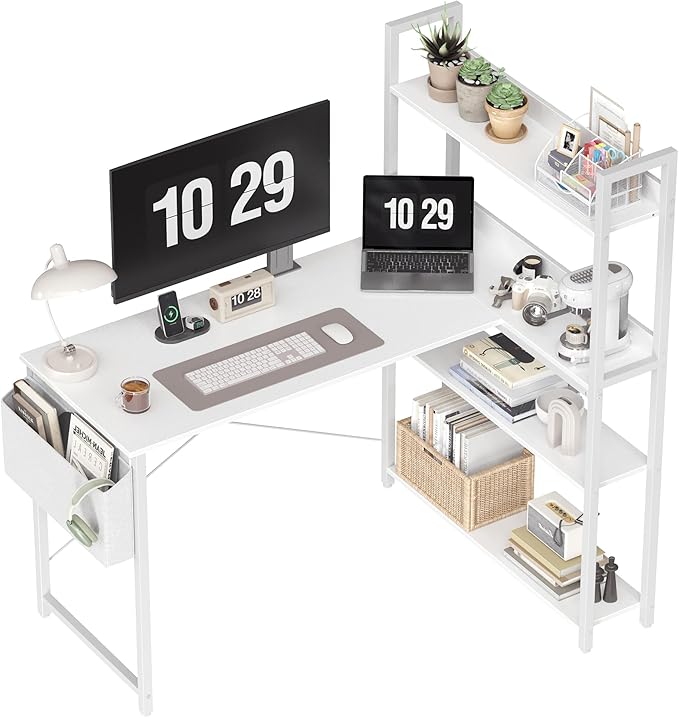 Treesland 47 Inch Computer Desk with Bookshelf, Corner Desk with Storage, L Shaped Desk, Home Office Desks, Writing Study Desk for Bedroom, White by Treesland