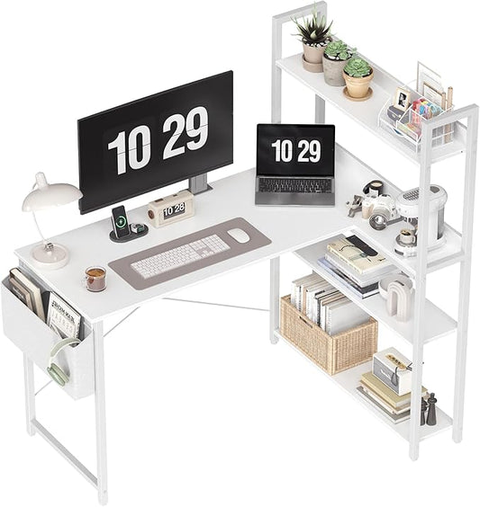 Treesland 47 Inch Computer Desk with Bookshelf, Corner Desk with Storage, L Shaped Desk, Home Office Desks, Writing Study Desk for Bedroom, White by Treesland