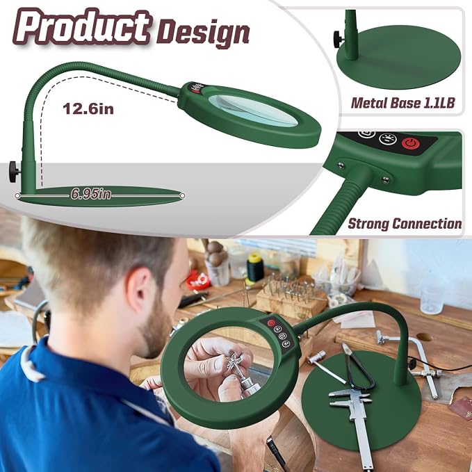 10X Magnifying Glass with Light and Stand, 5 Color Modes Stepless Dimmable LED Lighted Desk Lamp, Hands Free Flexible Gooseneck Magnifier with Light for Craft Hobby Painting Close Work - Green - Image 4