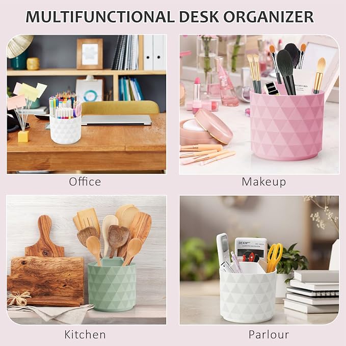 Desk Organizer, 360-Degree Rotating Pencil Pen Holders For Desk, Diamond Pattern Pen Organizer With 5 Compartments, Cute Desk Accessories Decor For Office, School,Home,Art Supply (Green) - Image 6