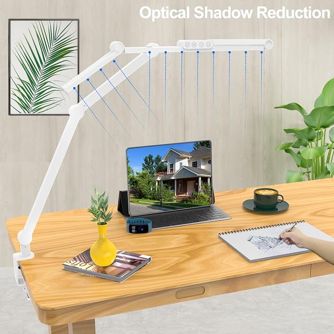 Micomlan Led Desk Lamp for Home Office, White Architect Desk Lamp with Clamp for Crafting, 24W Bright Rotatable Led Table Light Stepless Dimming Tempering Wide Computer Light with Atmosphere Lighting - Image 6