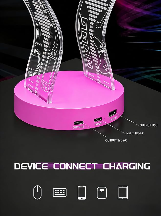 CoolGift Mart Light Up Headphone Stand with 16 Color Lights, Game Pattern Acrylic Headset Stand with 1 USB and 1 Type-C Charging Ports, Gifts for Girls Women Gamers and Music Lovers - Image 7