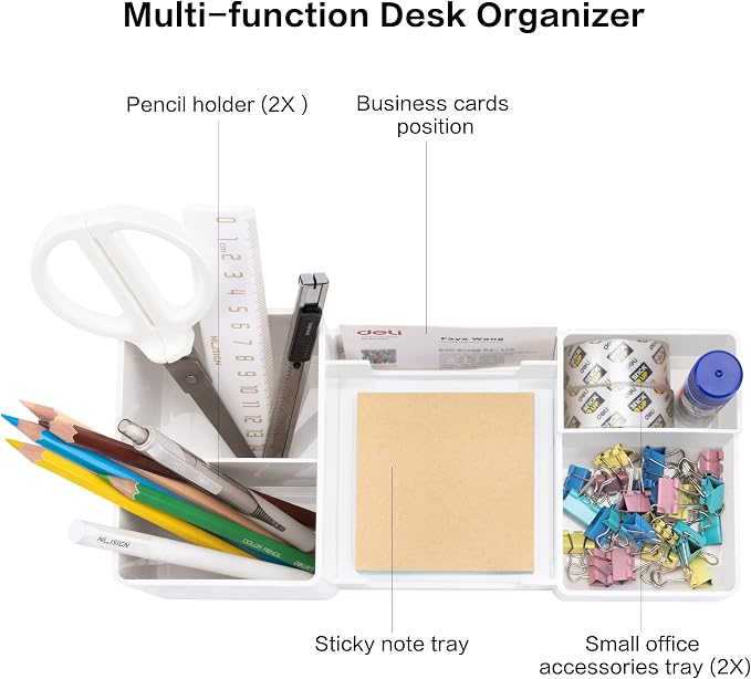 deli Desk Organizer, Plastic Desktop Organizer with Pencil Holder and Sticky Note Tray, Office Stationery Supplies Organizers Accessories Caddy, 6 Compartments, White - Image 3