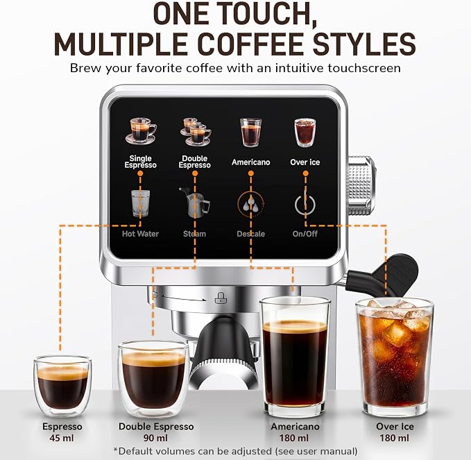 Mecity 20 Bar Espresso Machine with Milk Frother, Touchscreen Coffee Maker for Espresso, Americano & Over Ice Coffee, Compact Stainless Steel Latte & Cappuccino Maker - Image 2