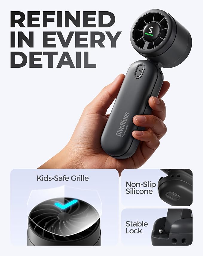 Diveblues Mini Handheld Fan, 30ft/s Portable Turbo Fan [12H Max Cooling], 4000mAh Personal Fan with LED Display, 3-in-1 Hand Held/Neck/Desk Fan for Travel, Cruise, Disney Essentials - Image 8