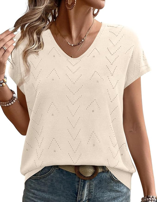 WIHOLL Short Sleeve Sweater for Women V Neck Trendy Cute Tops Business Casual Outfits Cap Sleeve by WIHOLL