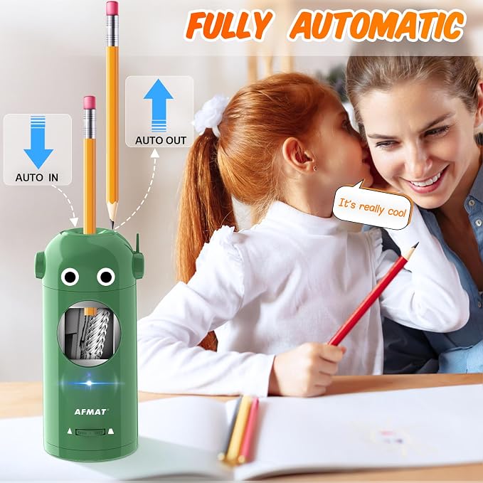 AFMAT Electric Pencil Sharpener for Colored Pencils 7-11.5mm, Fully Automatic Robot Pencil Sharpener, Auto in & Out, Rechargeable Hands-Free for Classroom/Home/Office, Battery Operated, PSX5RB, Green - Image 2