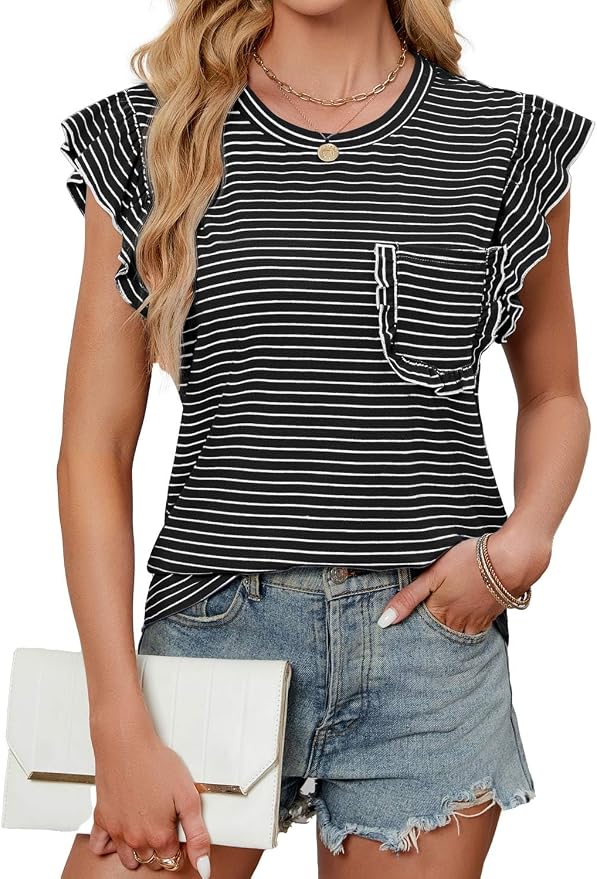JUSTFASHIONNOW Womens Summer Tops Striped T-Shirts 2026 Ruffle Short Sleeve Crew Neck Casual Blouses with Pocket - Image 4