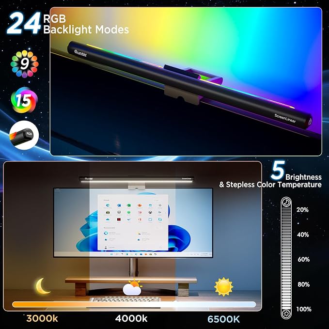 Quntis Monitor Light Bar 15.7", 24 RGB Backlight Modes for lmmersive Gaming Ambience, 900 Lux Glare-Free Computer Screen Lamp, High CRI 95 Eye Care Desk Light for Home Office - Image 6