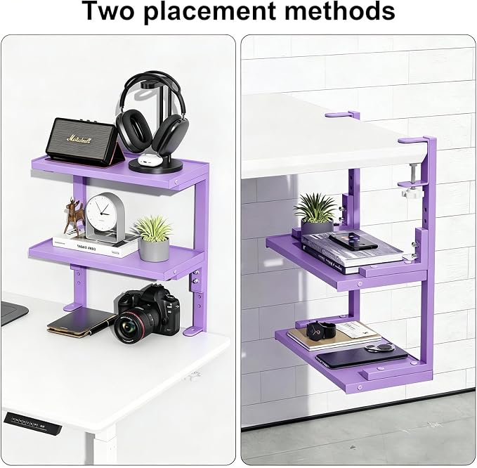 2-Tier Desk Shelf | Desk Organization Expandable Clamp on Desk Shelf Desktop Accessories for Offices and Game Rooms (Purple) - Image 4