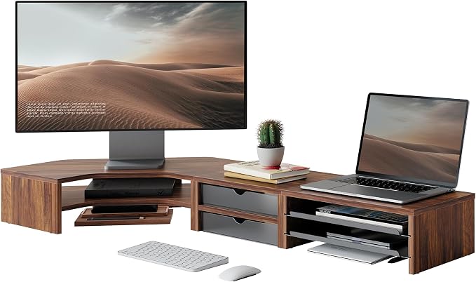 Fenge Dual Monitor Stand, 2-Tier Corner Monitor Riser with Drawer and Slide-out Tray, Triangle Desktop Shelf Organizer for Laptop Computer Printer Home Office Desk, Brown by Fenge