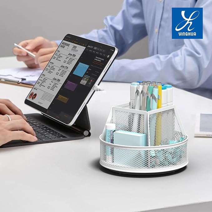YINGHUA Metal Mesh Desk Organizer with 5 Compartments and Rotating Pencil Holder Pen and Stationery Organizer for Office Home School Anti Slip Base White - Image 6