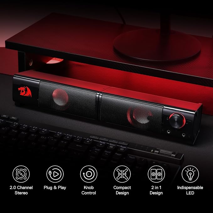 Redragon GS550 PC Gaming Speakers 2.0 Channel Stereo Enhanced Sound, Black | Compact Maneuverable Size, Headphone Jack, Decent Red Backlight, Plug & Play USB Powered Desktop Computer Speaker - Image 2