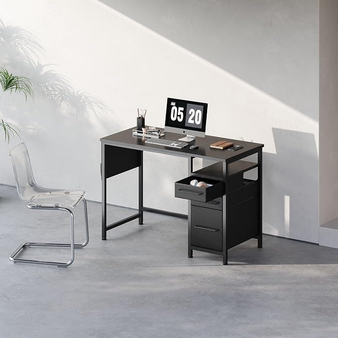 Maihail Small Desk with Drawers, Office Desk with Storage Shelves, Black | 40 Inch Desktop, Metal Frame, 3 Fabric Drawers, Storage Shelves, Computer & Writing Desk, Office Gaming Workstation - Image 2