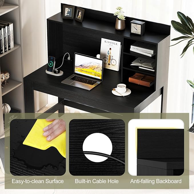 Giantex Computer Desk with Hutch, Modern Home Office Desk with Power Outlets, Storage Shelves & Cable Hole, Makeup Vanity Table, Study Writing Desk for Bedroom Office Small Space (Black) - Image 6