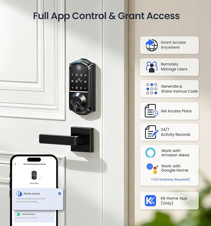 Veise VE017 Fingerprint Smart Door Lock, App Control, 8-in-1 Keyless Entry, Auto Lock, Emergency Power Port, Electronic Touchscreen Keypad, Biometric Smart Locks for Front Door, Matte Black - Image 2
