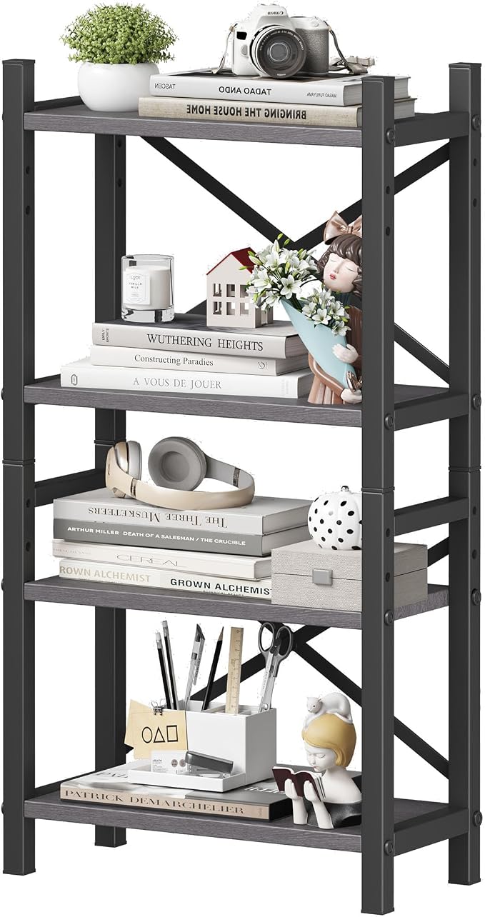 Desktop Bookshelf, 4-Tier Stackable Narrow Bookcase, Adjustable Industrial Desk Organizer & Hutch - Rustic Brown Wood Desktop Book Organizer for Living Room, Bedroom & Home Office by Homeiju