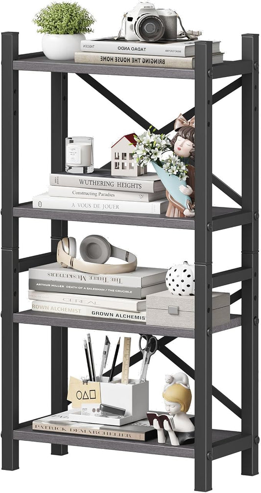 Desktop Bookshelf, 4-Tier Stackable Narrow Bookcase, Adjustable Industrial Desk Organizer & Hutch - Rustic Brown Wood Desktop Book Organizer for Living Room, Bedroom & Home Office by Homeiju
