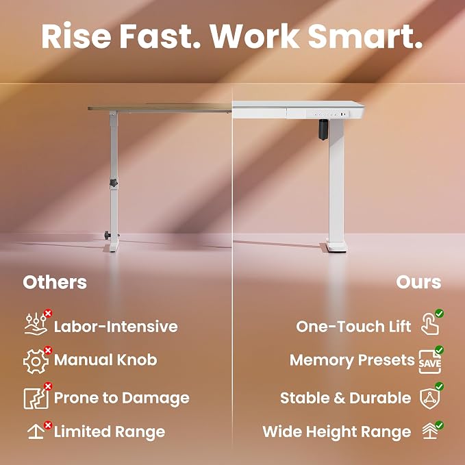 HUANUO Glass Standing Desk with Drawers, 40 X 24 Inch Electric Adjustable Height Desk, Quick Install One-Piece Tabletop with USB Charging Ports, White - Image 8