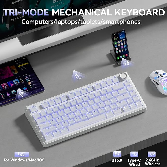SOLAKAKA A75 Wireless Gaming Keyboard with Multifunction Knob, BT5.0/2.4GHz/USB-C, 75% Mechanical Keyboard, Hot-Swappable, Gasket Creamy Keyboard with RGB Backlit, Crystal Keycaps, for PC/Mac/PC - Image 3