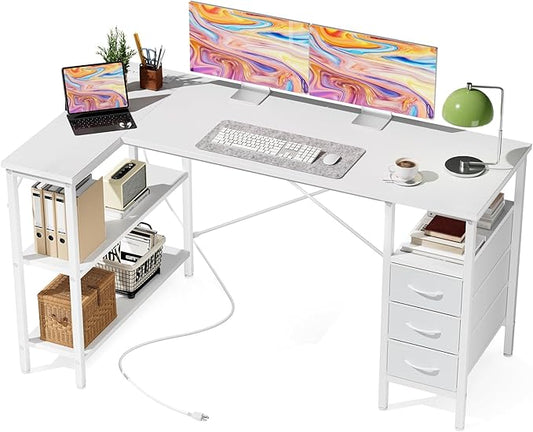 DUMOS L Shaped Desk with Drawers, Gaming Desk, 55 Inch | Power Outlet, Study Table, Adjustable Shelves, Home Office, Corner Computer Workstation, Bedroom, White by DumosLifestyle