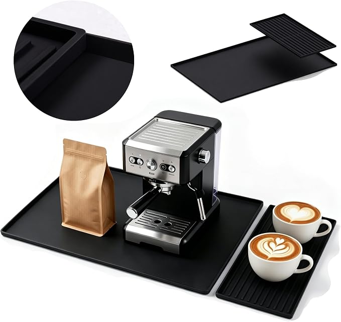 Silicone Coffee Mat 24 x 16 in with Tray, Classic Black | Coffee bar mat for countertop use, coffee station mat or coffee machine mat with removable tray and 0.47 in raised rim. by DXOKNQG