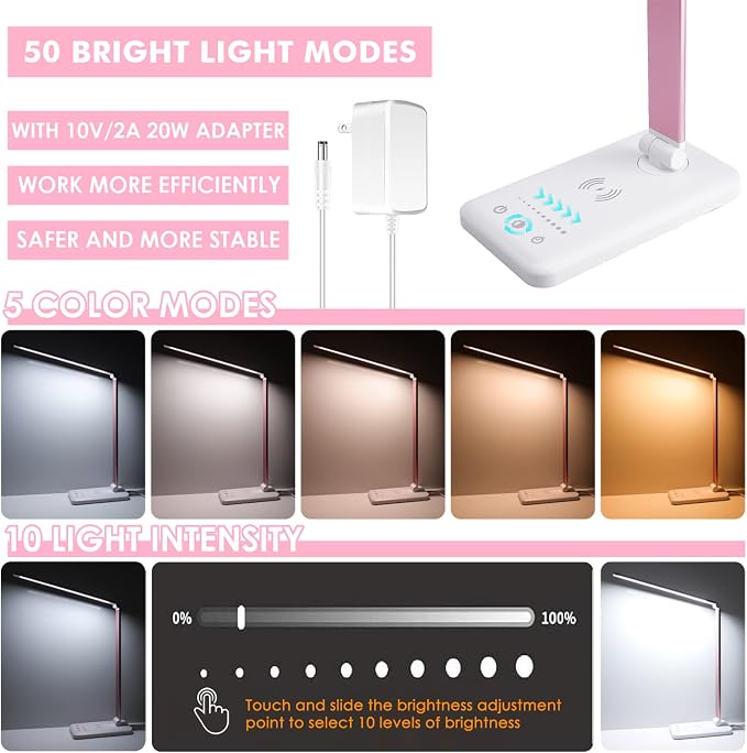 LED Desk Lamp with Wireless Charger, USB Charging Port, Desk Lighting with 10 Brightness, 5 Color Modes, Dimmable Eye Caring Reading Desk Lamps for Home Office, Touch Control, Auto Timer, Pink - Image 2