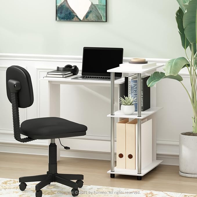 Furinno Abbott Corner Computer Desk with Bookshelf, White Oak/Chrome - Image 2