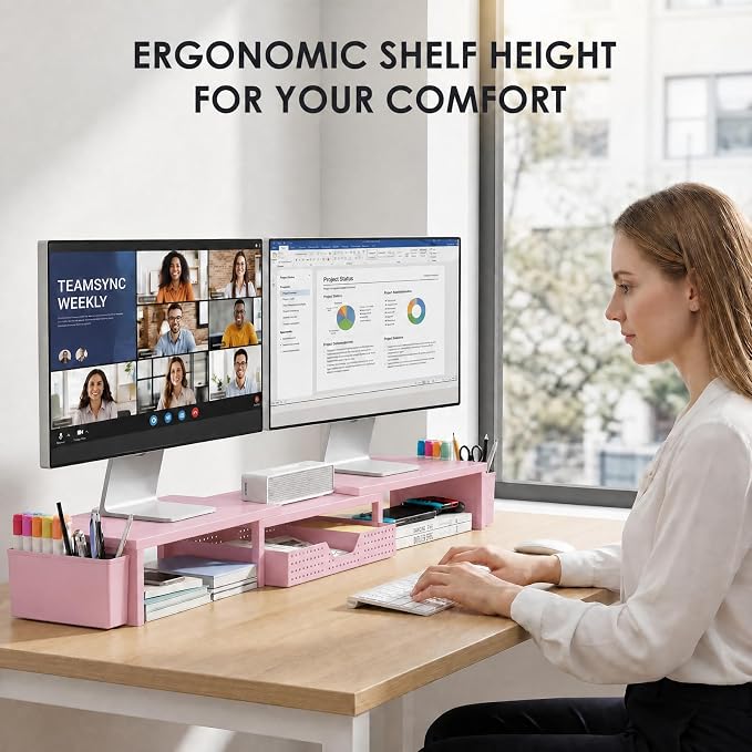 OPNICE Desk Organizers and Accessories, Dual Monitor Stand Riser with Drawer and 2 Pen Holders, Desk Shelf Metal Computer Racks for Office Workspace Organizers, Desktop Organization (Pink Metal) - Image 2