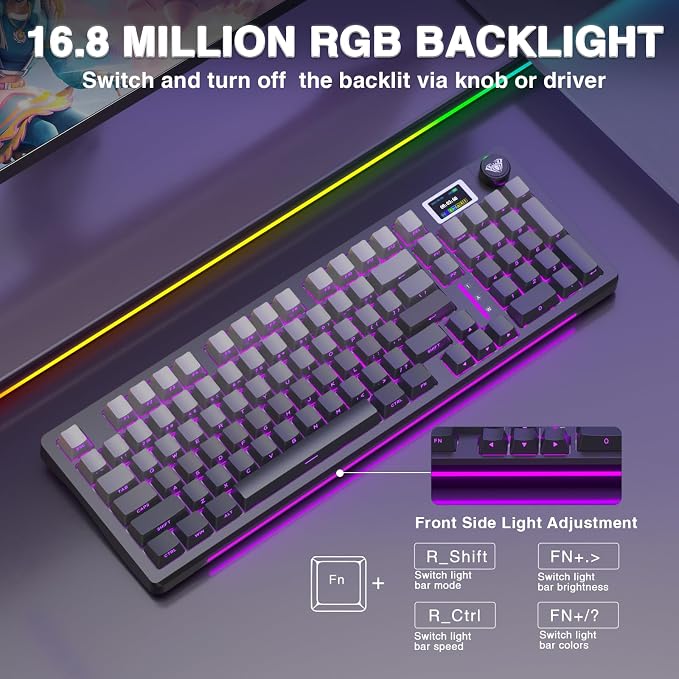 AULA S98 Pro Wireless Mechanical Keyboard with Screen & Knob,2.4GHz/USB-C/BT5.0 Hot Swappable Creamy Keyboard,Pre-lubed Linear Switches,Side Printed PBT Keycaps,RGB Backlit Gaming Keyboards - Image 8