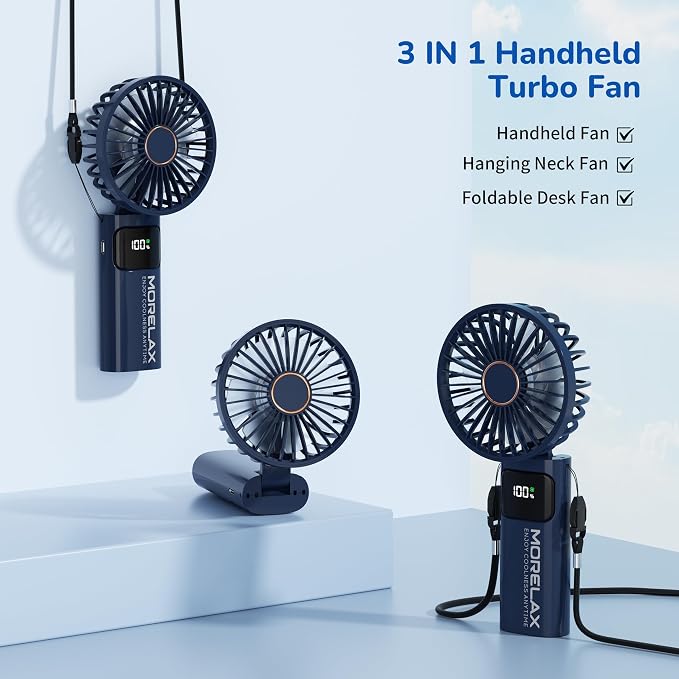 Portable Handheld Fan, USB Rechargeable Foldable Mini Personal Fan, 5200mAh, 180 Adjustable, 6 Speed Wind, 3 IN 1 Hand Cooling Desk Fan with LED Display for Home Office School Outdoor Travel, Blue - Image 4