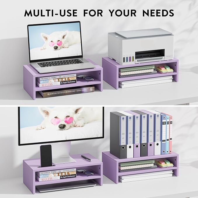 BONTEC Wooden Monitor Stand Riser, 2-Tier Desk Shelf with Storage Organizer, Ergonomic Computer Stand with Cable Management, Cellphone Holder, Purple, 16.5 Inch - Image 4