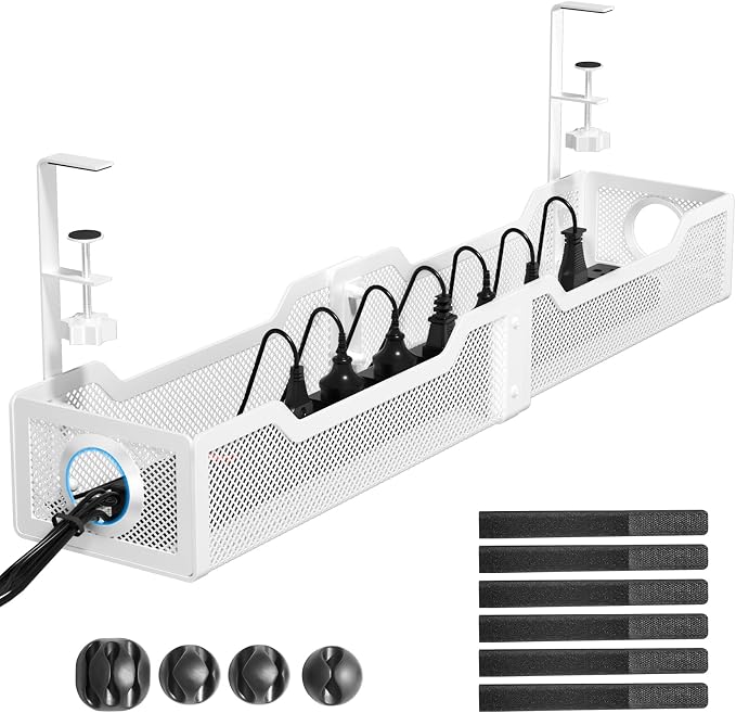 [Upgraded] 25" Extra Large Under Desk Cable Management, Cinati Wire Organizers No Drill, Cable Tray with Clamp for Wire Management, Cord Organization Box for Office, Home - No Damage to Desk(White) by Cinati
