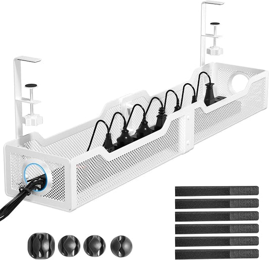 [Upgraded] 25" Extra Large Under Desk Cable Management, Cinati Wire Organizers No Drill, Cable Tray with Clamp for Wire Management, Cord Organization Box for Office, Home - No Damage to Desk(White) by Cinati