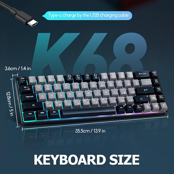 Guiheng Wired Portable 60% Mechanical Gaming Keyboard,RGB LED Backlit Compact 68 Keys Mini Wired Office Keyboard with Red Switch for Windows Laptop PC Mac -Grey and Black - Image 4
