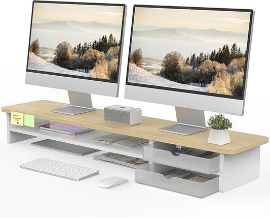Fenge Monitor Stand, Dual Monitor Riser, 42.5inch Large Desk Computer Monitor Stand Riser with Drawer, 2 Tier Wood & Acrylic Desktop Organizer for Computer, Laptop, Printer, TV Screen Riser by Fenge