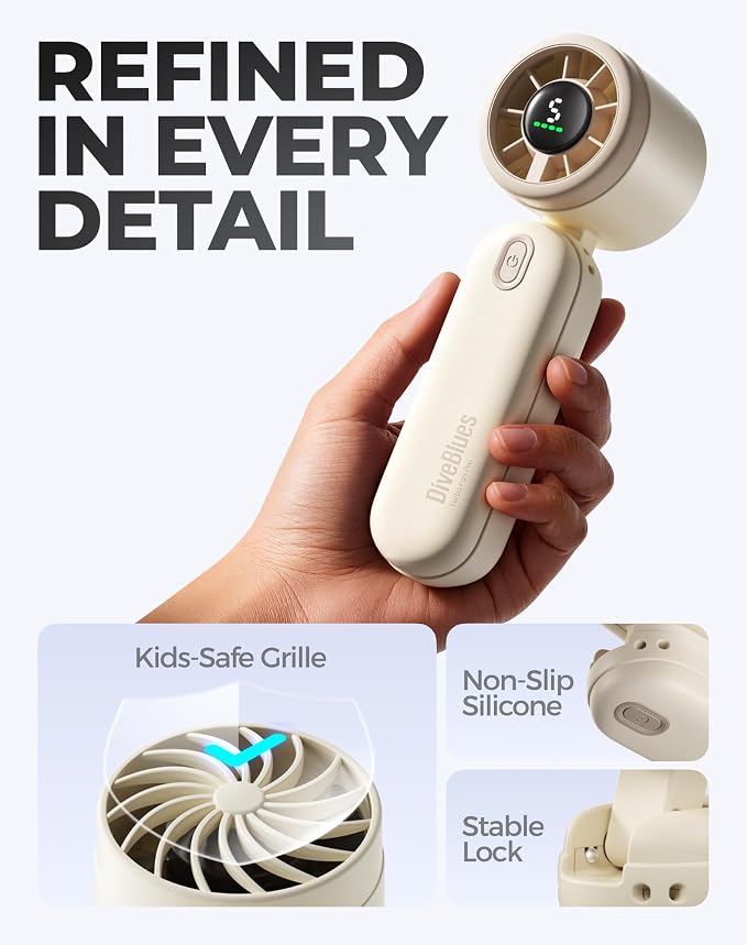 Diveblues Mini Handheld Fan, 30ft/s Portable Turbo Fan [12H Max Cooling], 4000mAh Personal Fan with LED Display, 3-in-1 Hand Held/Neck/Desk Fan for Travel, Cruise, Disney Essentials - Image 7