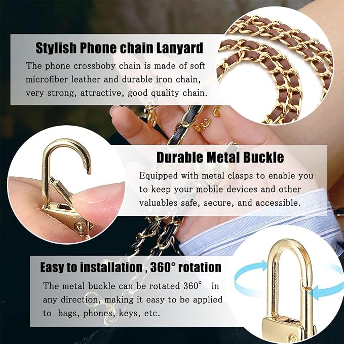 Phone Crossbody Chain Cell Phone Lanyard,Universal Leather+Metal Shouder Strap with Phone Tether Patches (L) - Image 2