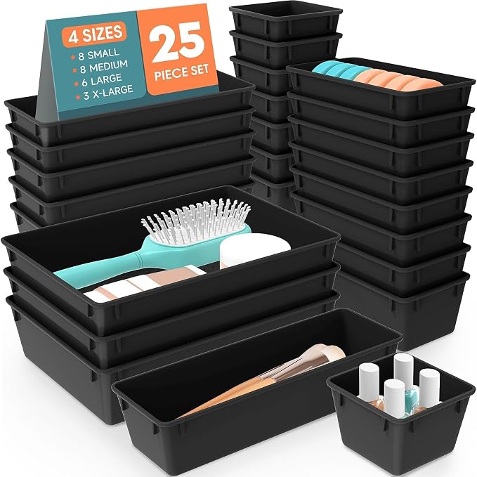 SpaceHacks 25 PCS Plastic Drawer Organizer Set, 4-Size Versatile Organizer Trays & storage Bins for Makeup, Jewelry, and Gadgets in Bathroom, Bedroom and Office, Black by SpaceHacks