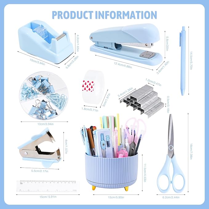 Gawsey Blue Desk Organizers and Accessories with Desk Organizer 360° Rotating Pen Holder and Office Supplies, Cute Stationery Supplies Set - Image 2
