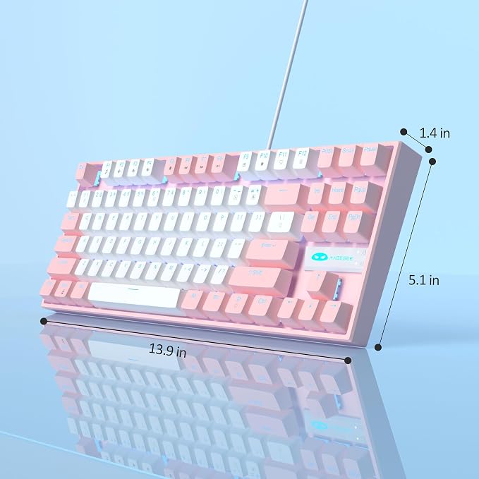 MageGee 75% Mechanical Gaming Keyboard, Red Switch, LED Blue Backlit, 87 Keys Compact TKL Wired Computer Keyboards for Windows Laptop PC Gamer - White/Pink - Image 9