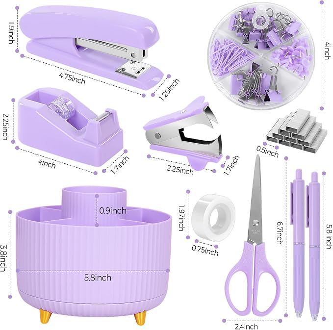SKYDUE Purple Office Supplies Set, Purple Office Desk Accessories 10PCS, Pencil Holder for Desk, Stapler, Tape Dispenser, Scissors, Ruler, Binder/Paper Clips and 1000pcs Staples,Desk Supplies Set - Image 6