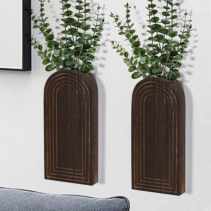 Dnnnii 2 Pack Wooden Wall Vase Set - Dark Brown Finish Modern Farmhouse & Boho Wall Decor for Entryway, Hallway, Bathroom, Living Room, Dining Room, Narrow Spaces by Dnnnii